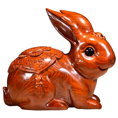 黄花梨实木雕刻兔子摆件动物十二生肖家居客厅送礼装饰红木工艺品-tq