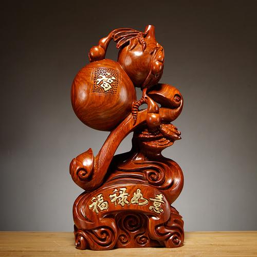 花梨木雕葫芦摆件福禄如意红木雕刻工艺品居家木雕